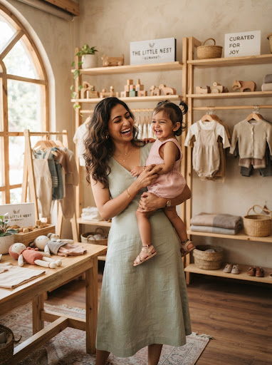 Mother joyfully holding toddler in luxury warm children boutique surrounded by handcrafted wooden toys and linen clothes